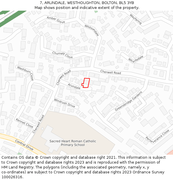 7, ARUNDALE, WESTHOUGHTON, BOLTON, BL5 3YB: Location map and indicative extent of plot