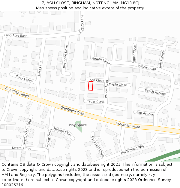 7, ASH CLOSE, BINGHAM, NOTTINGHAM, NG13 8GJ: Location map and indicative extent of plot