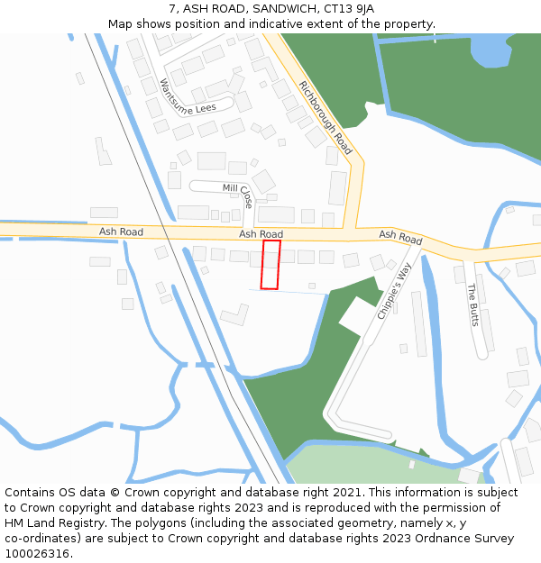 7, ASH ROAD, SANDWICH, CT13 9JA: Location map and indicative extent of plot