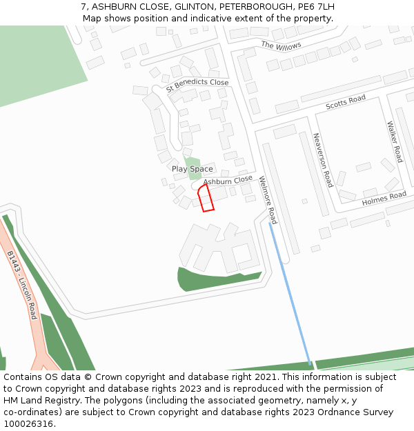 7, ASHBURN CLOSE, GLINTON, PETERBOROUGH, PE6 7LH: Location map and indicative extent of plot