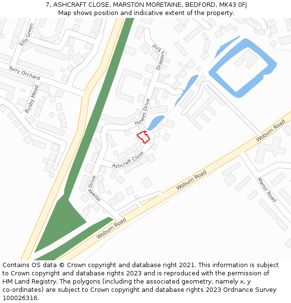 7, ASHCRAFT CLOSE, MARSTON MORETAINE, BEDFORD, MK43 0FJ: Location map and indicative extent of plot