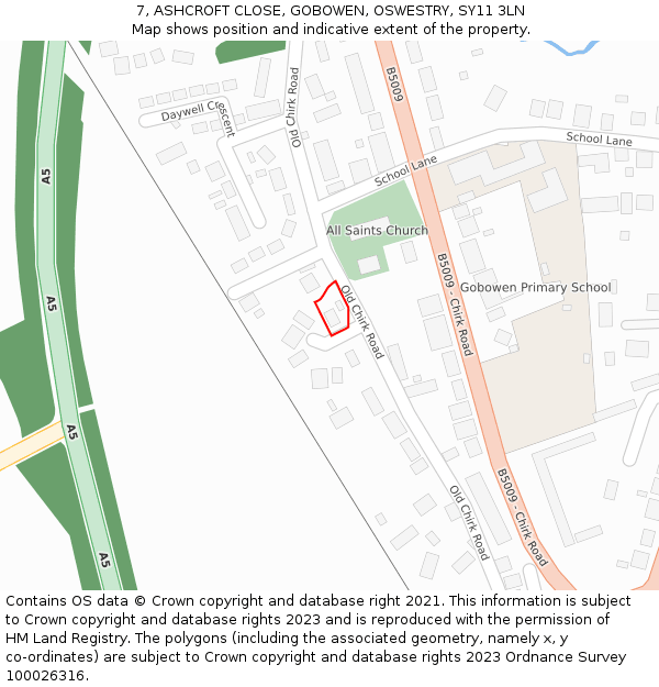 7, ASHCROFT CLOSE, GOBOWEN, OSWESTRY, SY11 3LN: Location map and indicative extent of plot