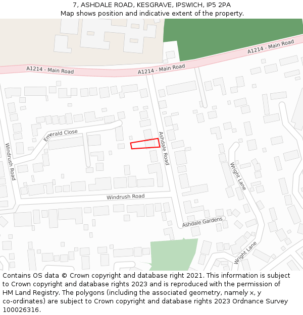 7, ASHDALE ROAD, KESGRAVE, IPSWICH, IP5 2PA: Location map and indicative extent of plot