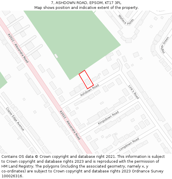 7, ASHDOWN ROAD, EPSOM, KT17 3PL: Location map and indicative extent of plot