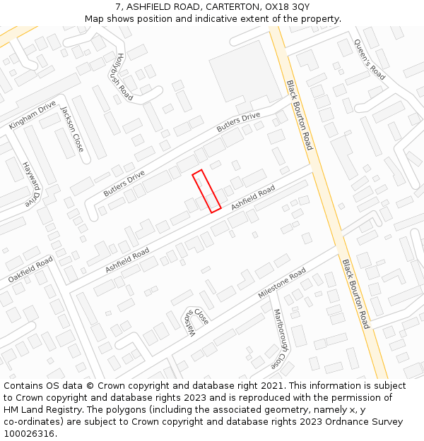 7, ASHFIELD ROAD, CARTERTON, OX18 3QY: Location map and indicative extent of plot