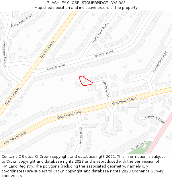 7, ASHLEY CLOSE, STOURBRIDGE, DY8 3AF: Location map and indicative extent of plot