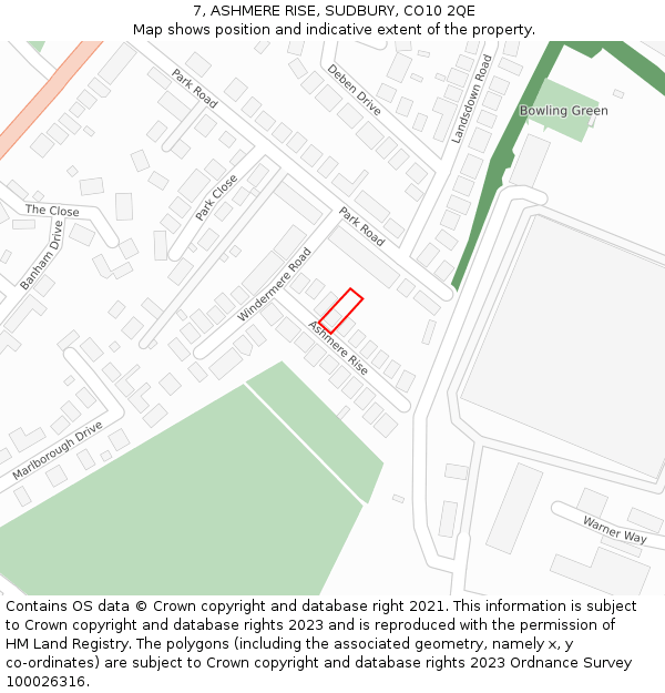 7, ASHMERE RISE, SUDBURY, CO10 2QE: Location map and indicative extent of plot