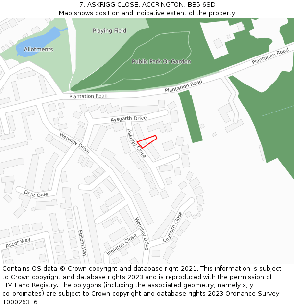 7, ASKRIGG CLOSE, ACCRINGTON, BB5 6SD: Location map and indicative extent of plot