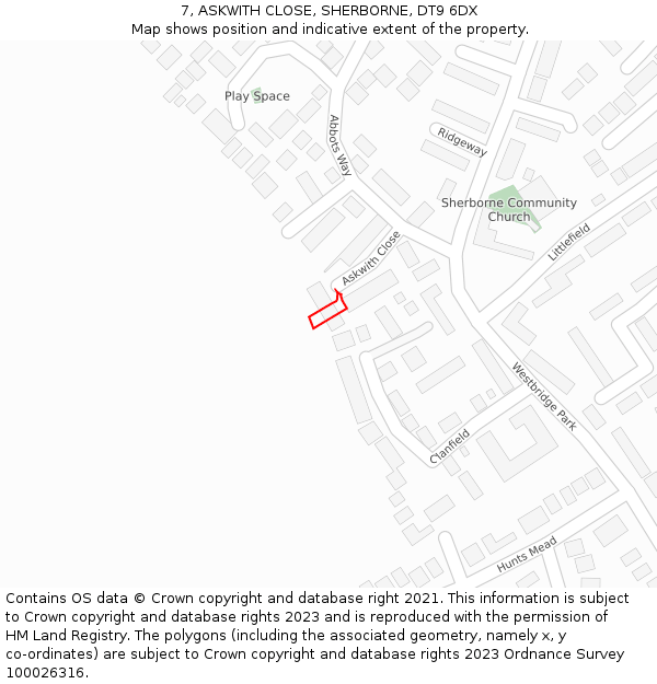 7, ASKWITH CLOSE, SHERBORNE, DT9 6DX: Location map and indicative extent of plot