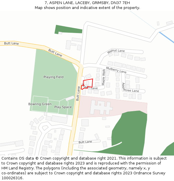 7, ASPEN LANE, LACEBY, GRIMSBY, DN37 7EH: Location map and indicative extent of plot