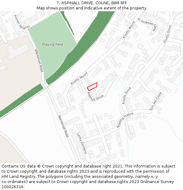 7, ASPINALL DRIVE, COLNE, BB8 8FF: Location map and indicative extent of plot