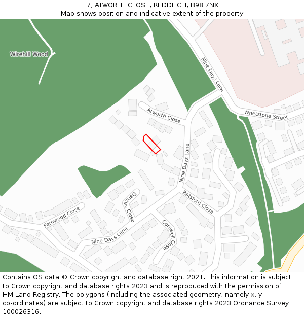 7, ATWORTH CLOSE, REDDITCH, B98 7NX: Location map and indicative extent of plot