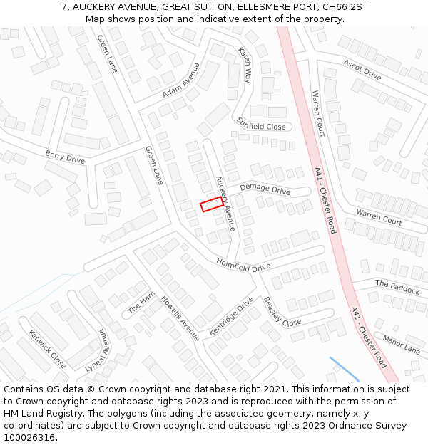 7, AUCKERY AVENUE, GREAT SUTTON, ELLESMERE PORT, CH66 2ST: Location map and indicative extent of plot