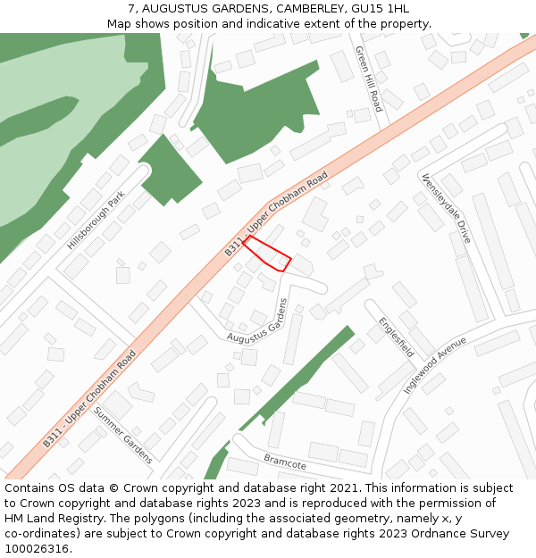 7, AUGUSTUS GARDENS, CAMBERLEY, GU15 1HL: Location map and indicative extent of plot