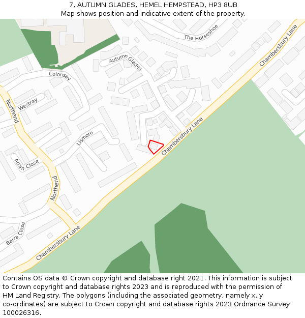 7, AUTUMN GLADES, HEMEL HEMPSTEAD, HP3 8UB: Location map and indicative extent of plot