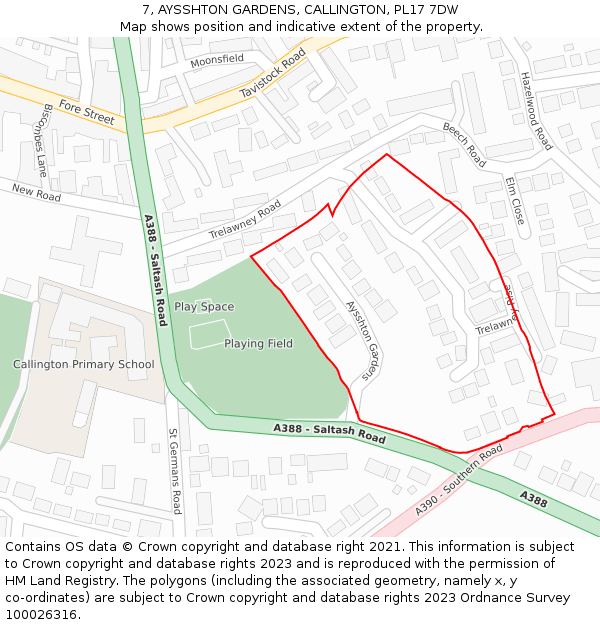 7, AYSSHTON GARDENS, CALLINGTON, PL17 7DW: Location map and indicative extent of plot