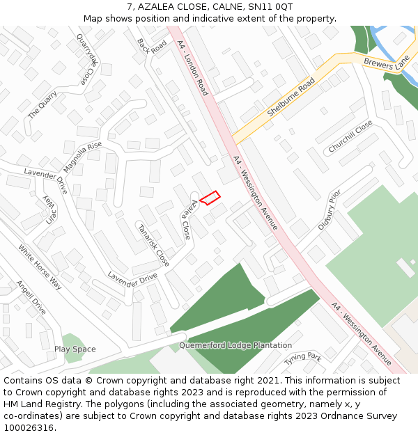 7, AZALEA CLOSE, CALNE, SN11 0QT: Location map and indicative extent of plot