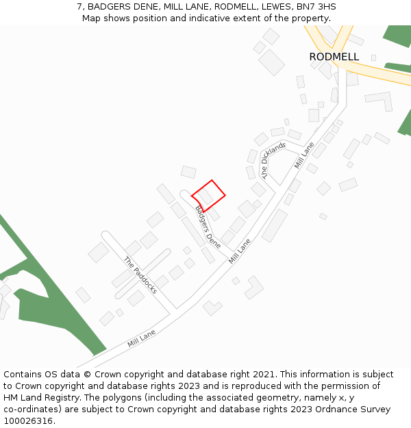 7, BADGERS DENE, MILL LANE, RODMELL, LEWES, BN7 3HS: Location map and indicative extent of plot