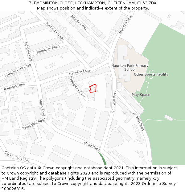 7, BADMINTON CLOSE, LECKHAMPTON, CHELTENHAM, GL53 7BX: Location map and indicative extent of plot