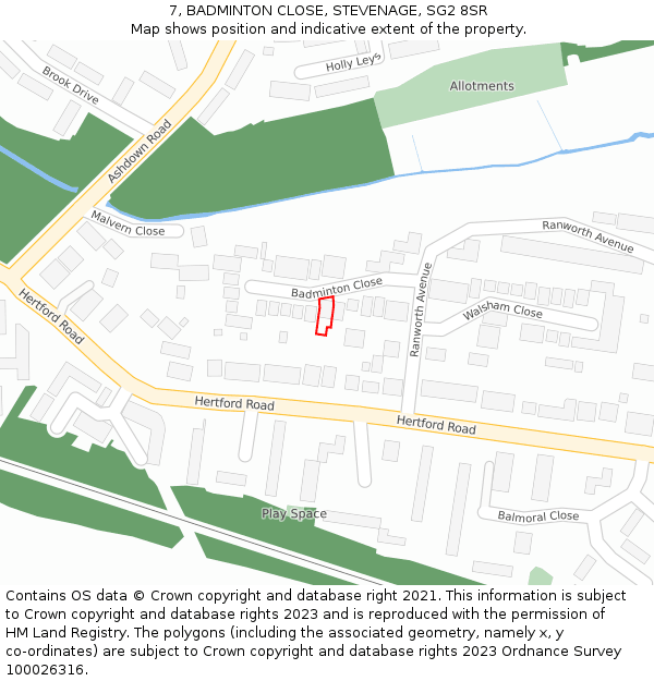 7, BADMINTON CLOSE, STEVENAGE, SG2 8SR: Location map and indicative extent of plot