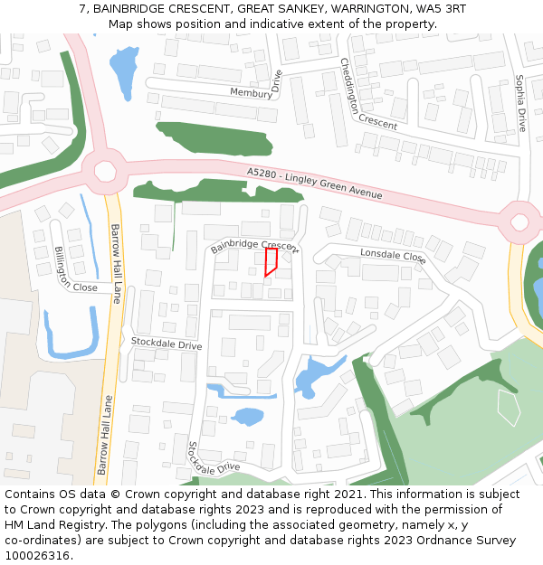 7, BAINBRIDGE CRESCENT, GREAT SANKEY, WARRINGTON, WA5 3RT: Location map and indicative extent of plot