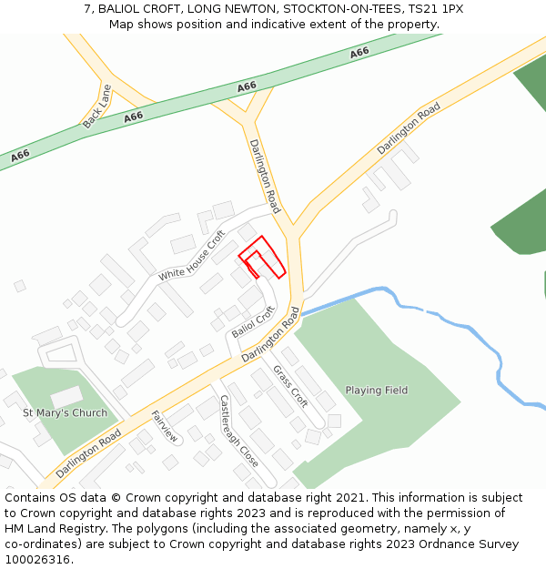 7, BALIOL CROFT, LONG NEWTON, STOCKTON-ON-TEES, TS21 1PX: Location map and indicative extent of plot