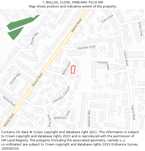 7, BALLIOL CLOSE, FAREHAM, PO14 4RF: Location map and indicative extent of plot