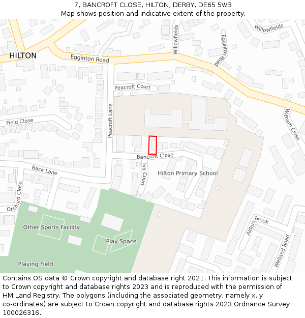 7, BANCROFT CLOSE, HILTON, DERBY, DE65 5WB: Location map and indicative extent of plot