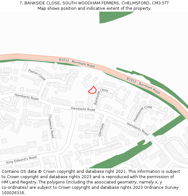 7, BANKSIDE CLOSE, SOUTH WOODHAM FERRERS, CHELMSFORD, CM3 5TT: Location map and indicative extent of plot