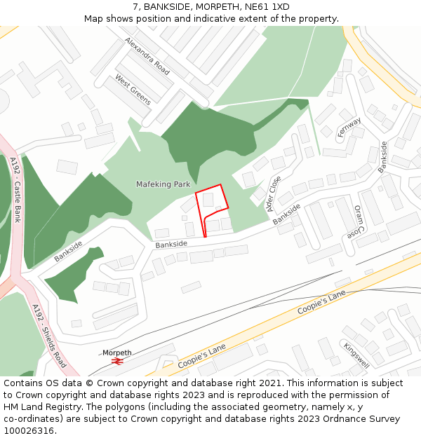 7, BANKSIDE, MORPETH, NE61 1XD: Location map and indicative extent of plot