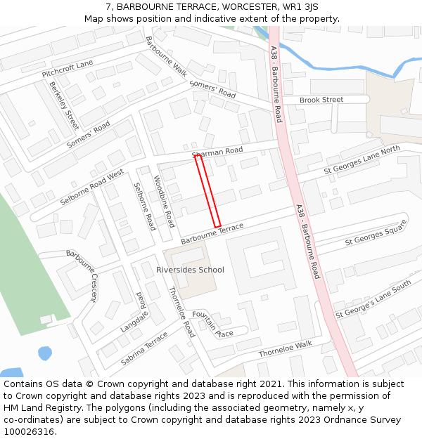 7, BARBOURNE TERRACE, WORCESTER, WR1 3JS: Location map and indicative extent of plot