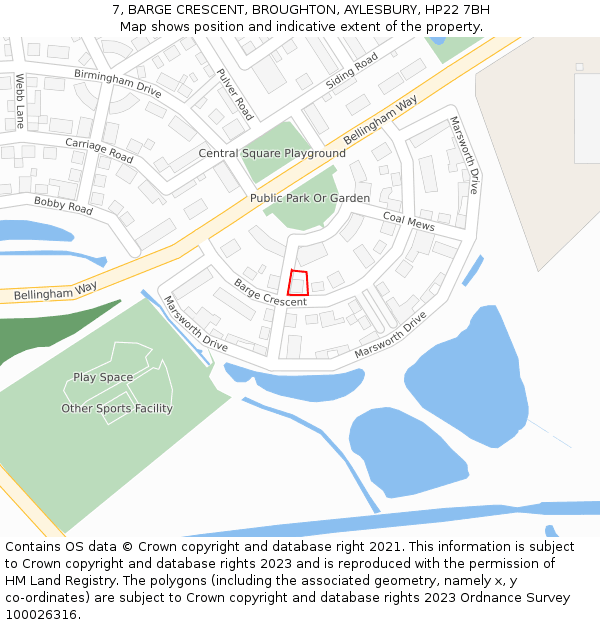 7, BARGE CRESCENT, BROUGHTON, AYLESBURY, HP22 7BH: Location map and indicative extent of plot