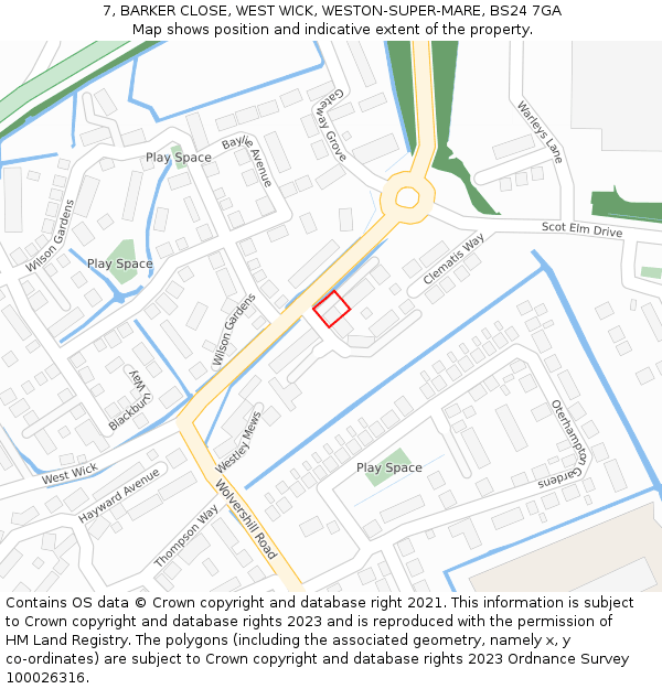 7, BARKER CLOSE, WEST WICK, WESTON-SUPER-MARE, BS24 7GA: Location map and indicative extent of plot