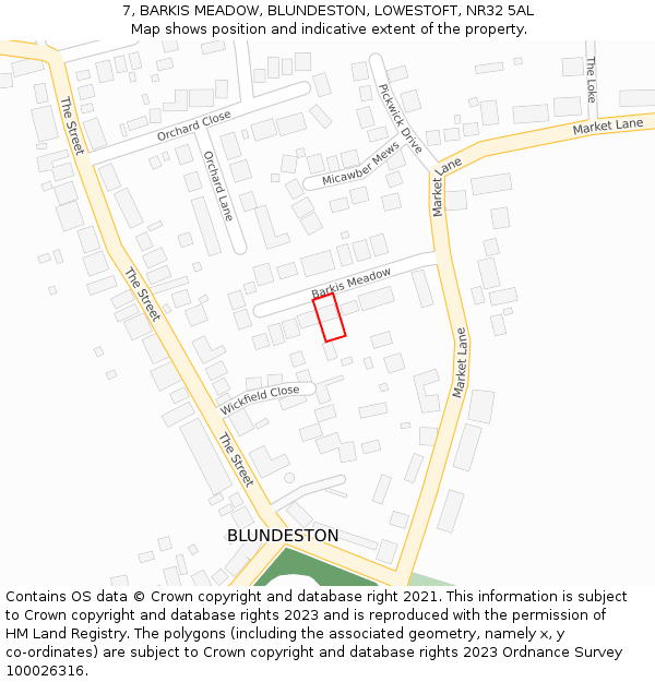 7, BARKIS MEADOW, BLUNDESTON, LOWESTOFT, NR32 5AL: Location map and indicative extent of plot