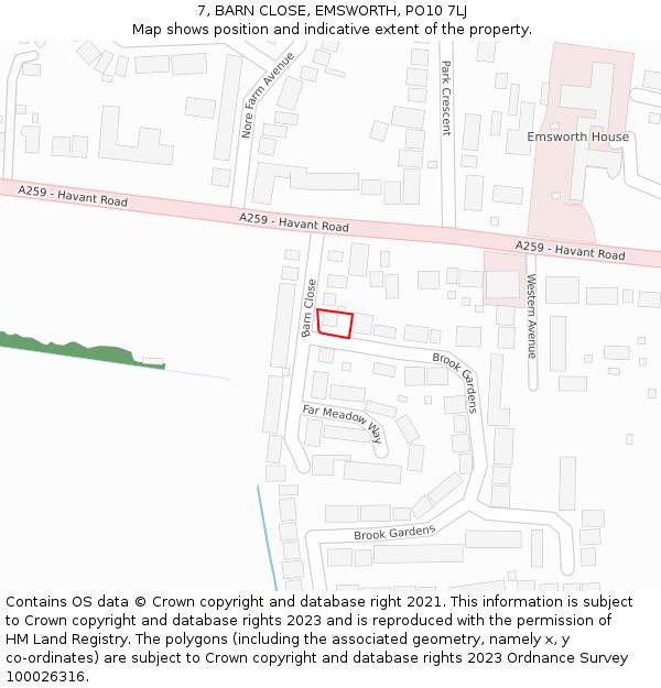 7, BARN CLOSE, EMSWORTH, PO10 7LJ: Location map and indicative extent of plot