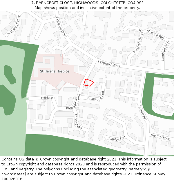 7, BARNCROFT CLOSE, HIGHWOODS, COLCHESTER, CO4 9SF: Location map and indicative extent of plot