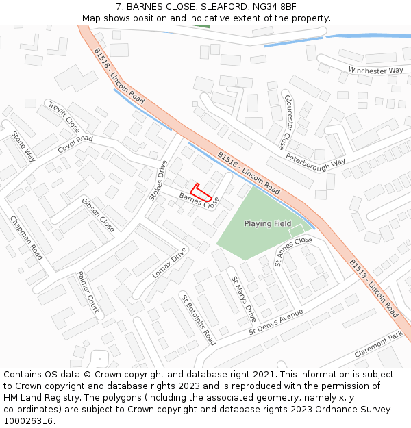 7, BARNES CLOSE, SLEAFORD, NG34 8BF: Location map and indicative extent of plot
