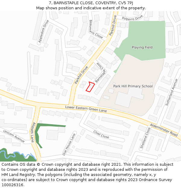 7, BARNSTAPLE CLOSE, COVENTRY, CV5 7PJ: Location map and indicative extent of plot