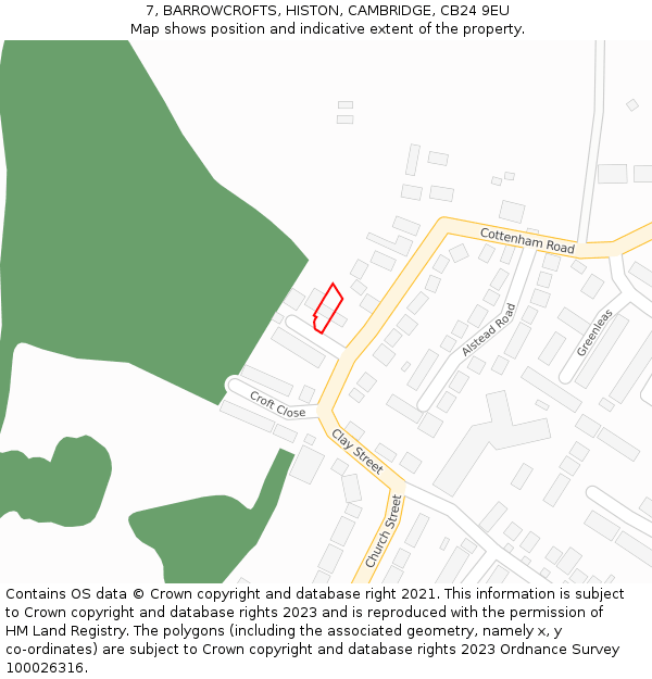 7, BARROWCROFTS, HISTON, CAMBRIDGE, CB24 9EU: Location map and indicative extent of plot