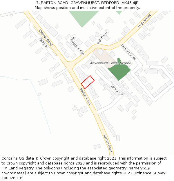 7, BARTON ROAD, GRAVENHURST, BEDFORD, MK45 4JP: Location map and indicative extent of plot