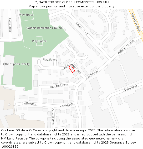 7, BATTLEBRIDGE CLOSE, LEOMINSTER, HR6 8TH: Location map and indicative extent of plot