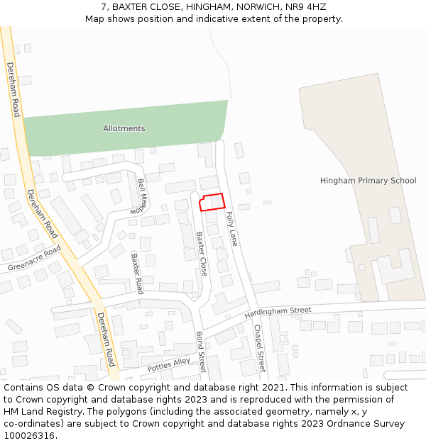 7, BAXTER CLOSE, HINGHAM, NORWICH, NR9 4HZ: Location map and indicative extent of plot