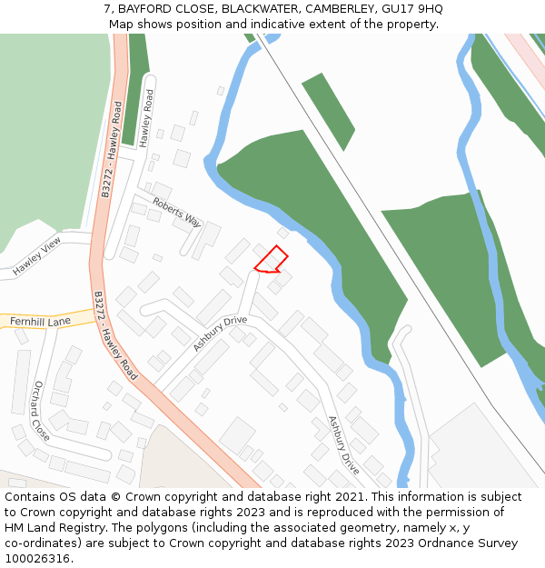 7, BAYFORD CLOSE, BLACKWATER, CAMBERLEY, GU17 9HQ: Location map and indicative extent of plot