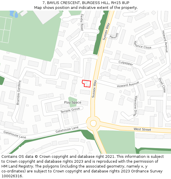 7, BAYLIS CRESCENT, BURGESS HILL, RH15 8UP: Location map and indicative extent of plot