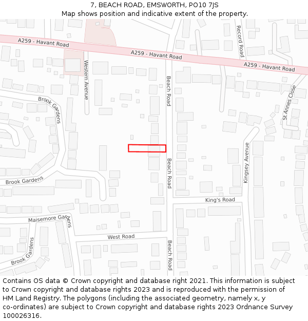 7, BEACH ROAD, EMSWORTH, PO10 7JS: Location map and indicative extent of plot