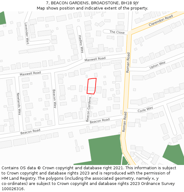 7, BEACON GARDENS, BROADSTONE, BH18 9JY: Location map and indicative extent of plot