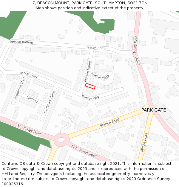 7, BEACON MOUNT, PARK GATE, SOUTHAMPTON, SO31 7GN: Location map and indicative extent of plot
