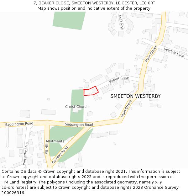 7, BEAKER CLOSE, SMEETON WESTERBY, LEICESTER, LE8 0RT: Location map and indicative extent of plot