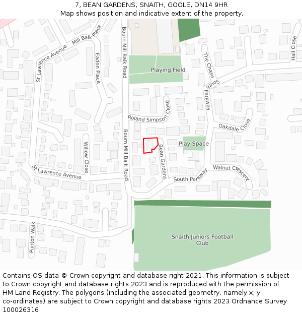 7, BEAN GARDENS, SNAITH, GOOLE, DN14 9HR: Location map and indicative extent of plot