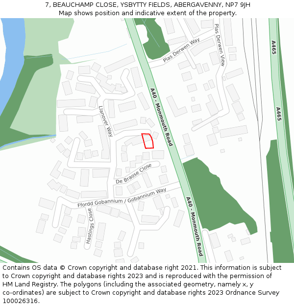 7, BEAUCHAMP CLOSE, YSBYTTY FIELDS, ABERGAVENNY, NP7 9JH: Location map and indicative extent of plot